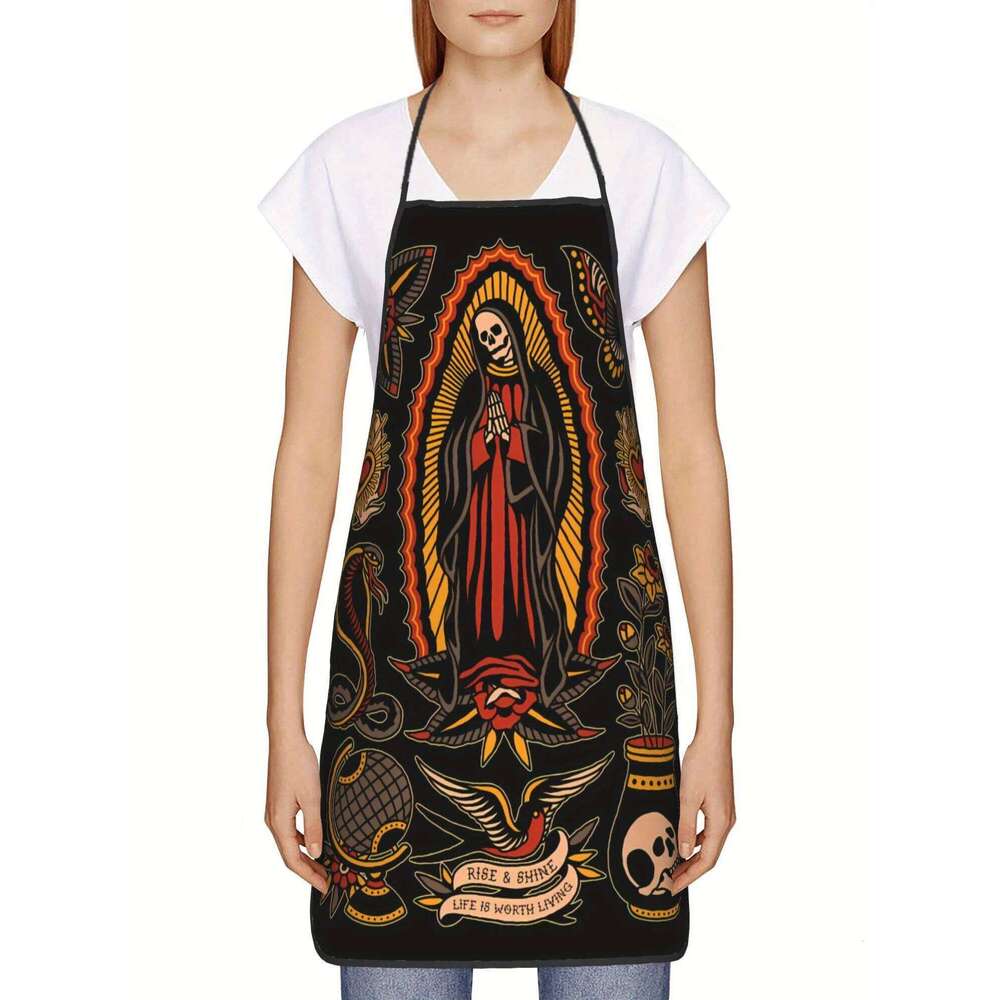 Retro Tattoo Design Skull & Floral Print with "Rise From Ashes" Quote - Durable Kitchen Apron for Cooking, Restaurants S260205