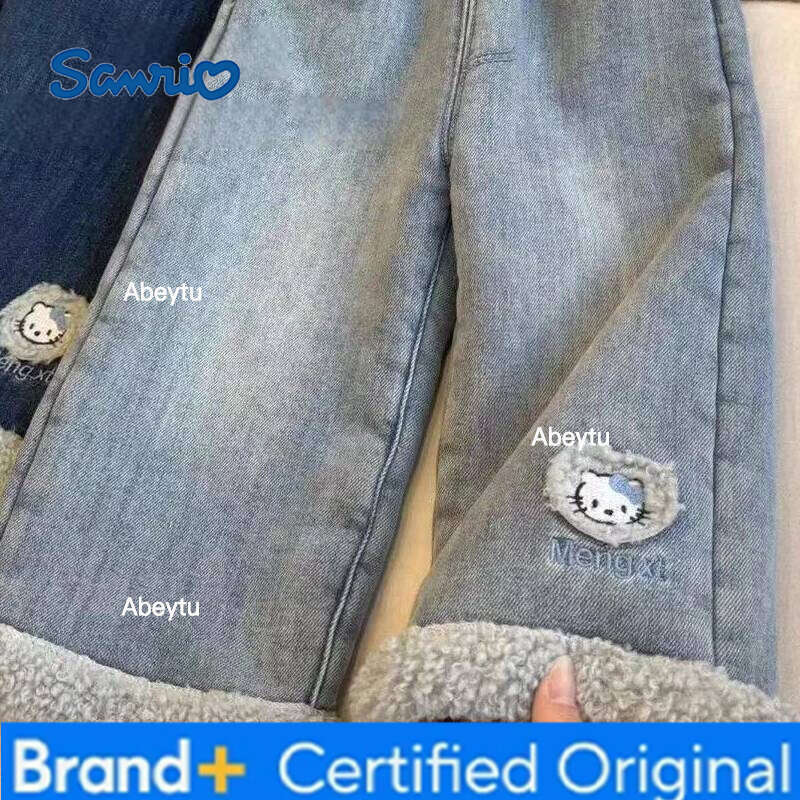 Sanrio Hello Kittys Girls Jeans Velvet Sweet Autumn Winter New Kawaii Cartoon Thicken Cotton Fashion Leisure Trousers H260206