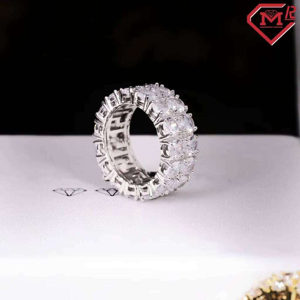 Bling Men 925 Sterling Silver Hip Hop Diamond Double Row Pave Setting Moissanite Ring