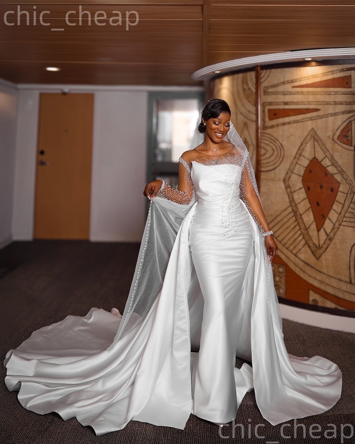 African Aso Ebi 2026 Ivory Mermaid Wedding Dress Beaded Pearls Sheer Neck Satin Detachable Train Full Sleeves Bridal Gowns Dresses ZJ236