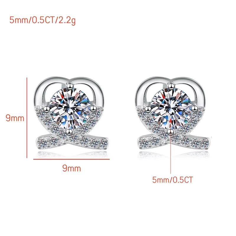 Romantic heart-shaped bow ring halo earrings S925 silver 18K gold sparkling cut moissanite women's earrings