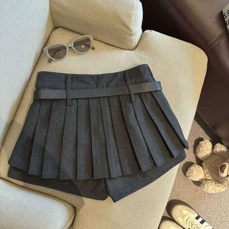 Women's Woolen Mini with Belt A- Line Slimming Pleated High Waist Fashionable Autumn Winter New Style Short Skirt XJ260206