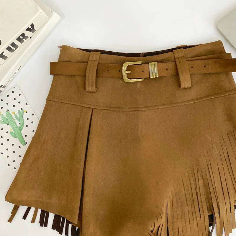 Autumn Winter Women's Faux Suede Skirts Retro High Waist Irregular Tassel Short Pants Side Zipper Anti-glare Boot Shorts XJ260206