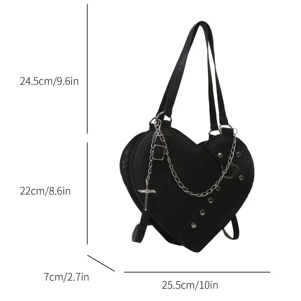 Fashion PU Leather Black Shoulder Bag Chain Rivet Large Capacity Women Crossbody Bag Portable Heart Shaped Handbag 260129