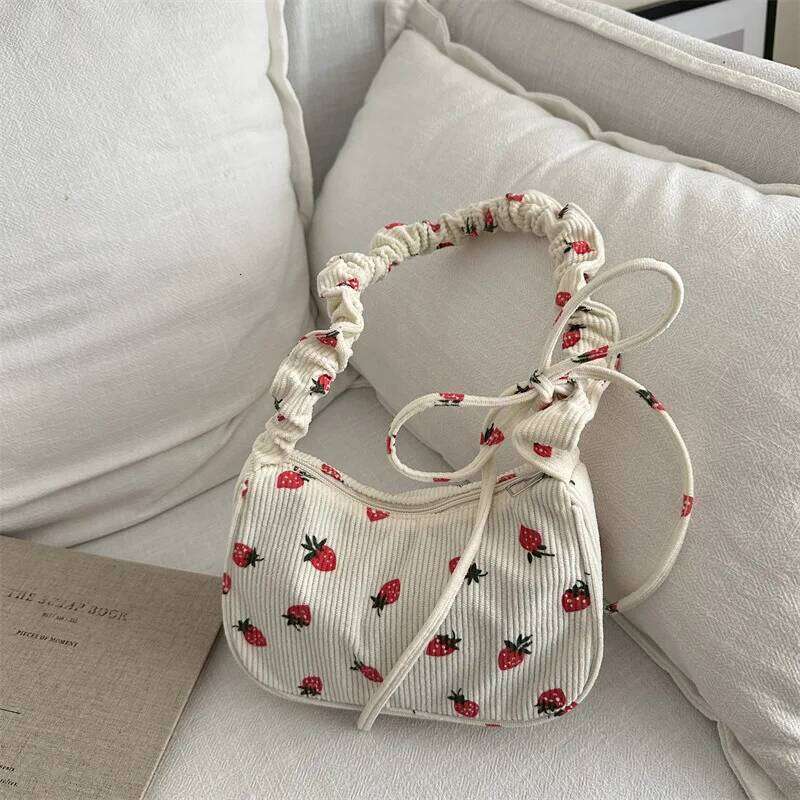 Women Small Underarm Bag Corduroy Handbag Cute Strawberry Print Little Tote Half Moon Design Eco Cloth Purse Mini Shoulder Bags Y260205