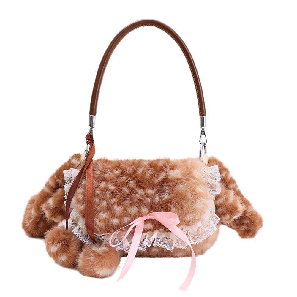 2025 Winter New Lace Bow Plush Bag for Women Cute Dots Soft Buckle One Shoulder Underarm Bags Shopping All-Match Messenger Packs Y260205