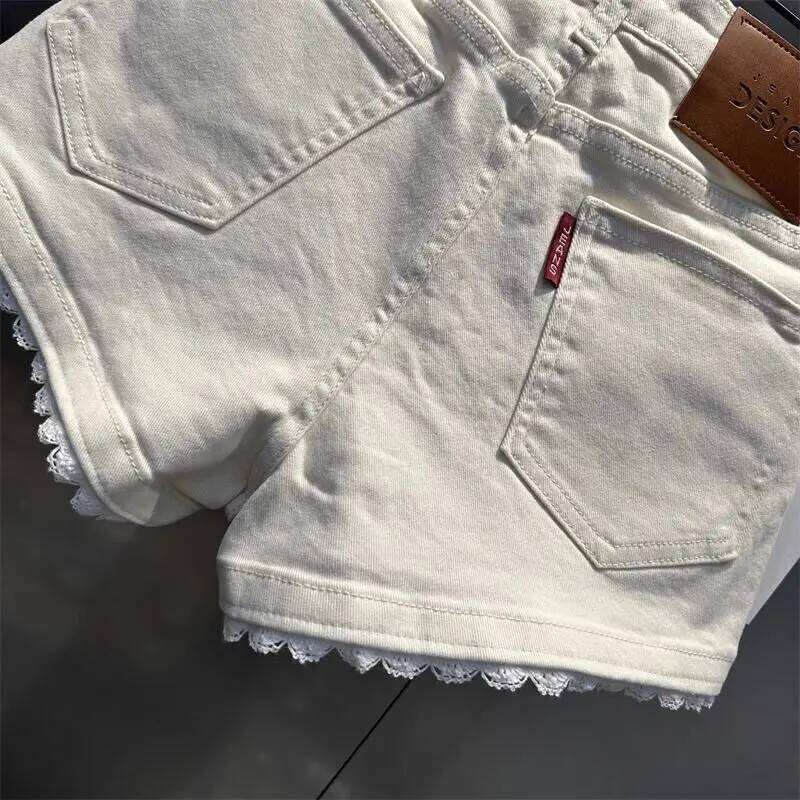 Korean Style Spliced lace Denim Shorts for Women 2025 Design High Waist Elastic Versatile Hot Pants XJ260206