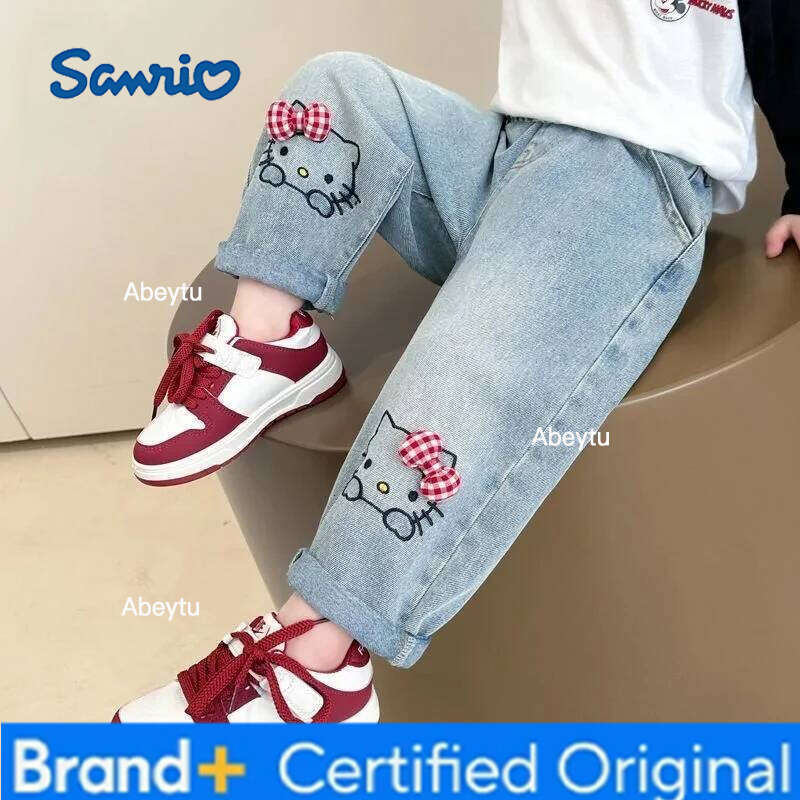 Sanrio Spring Autumn Baby Girls Denim Pants Cartoon Hello Kitty Loose Straight Casual Jeans For 2-6 Years Kids Children Soft Trousers H260206