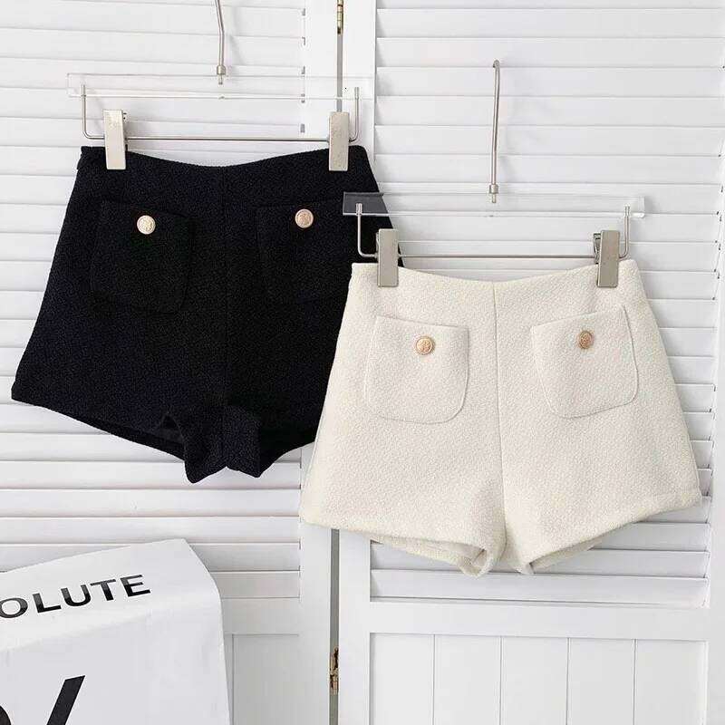 Tweed Black Women Autumn Winter Warm High Waist Chic Korean Fashion All Match White Straight Shorts Female H260206