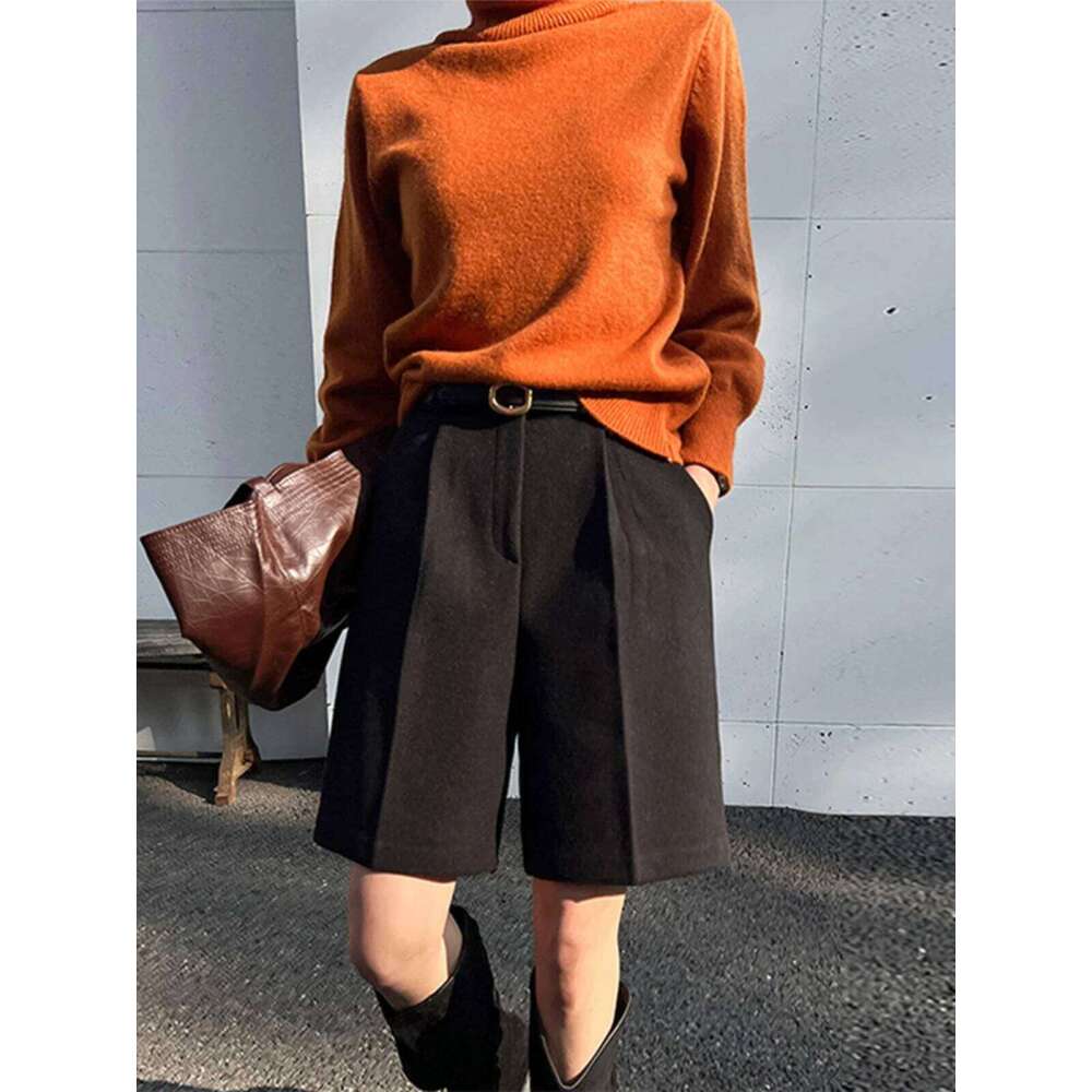 Fashion Thicken Warm Loose Pockets Female Faux Woolen Straight 2025 Autumn Winter High Waist Ladies Wide Leg Shorts N809 XJ260206