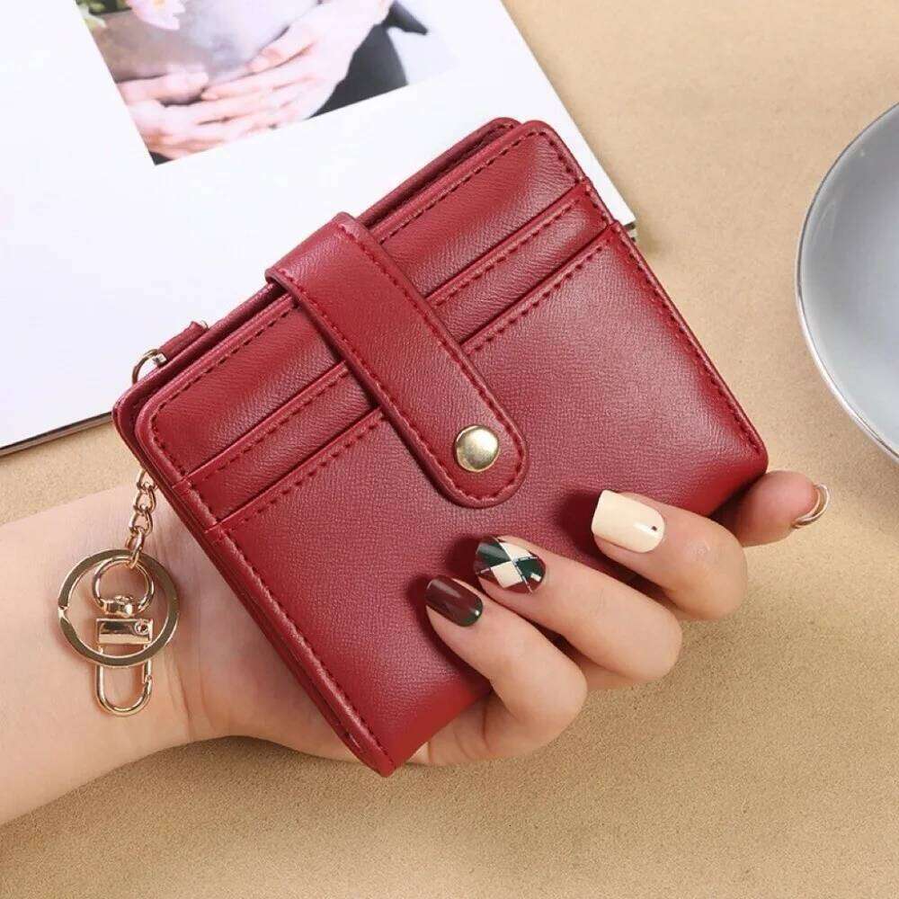 Simple Holder Short Trifold Wallet Multifunction Portable Hangging Card Bag PU Leather with Keychain Pocket Purse Unisex Y260206