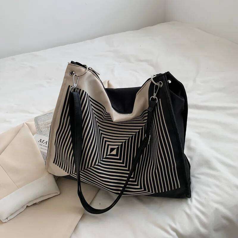 Women's Canvas Shoulder Bag Striped Printed Casual Totes Large Capacity For Ladies 2022 Fashion Vintage Armpit Shopping Handbag Y260205