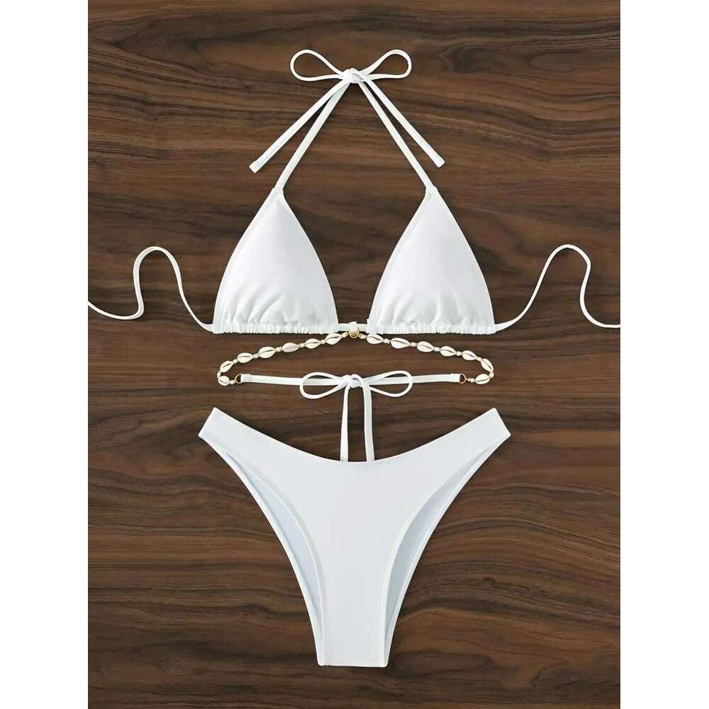 Triangle Bikini Set Decorated With Seashell Swimsuit Women Swimwear Female Sexy Bathers Bathing Swimming Swim Suit Beachwear XJ260206