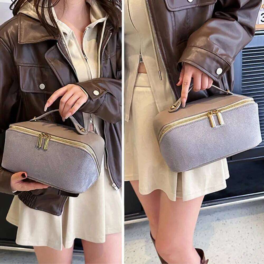 Women Suede Cosmetic Large Capacity Waterproof Pouch Dual Zipper Organizer Makeup Storage Bag Y260206