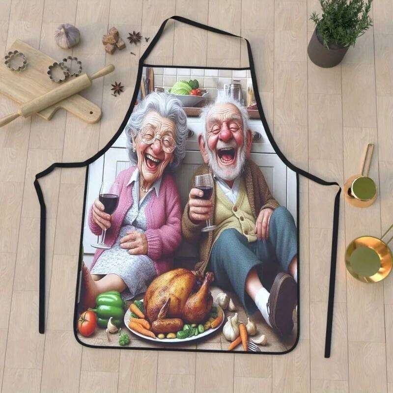 Adjustable Polyester Kitchen Apron Grandma Grandpa Roast Chicken Design, Soft Chef Cooking Bib for Men and Women S260205