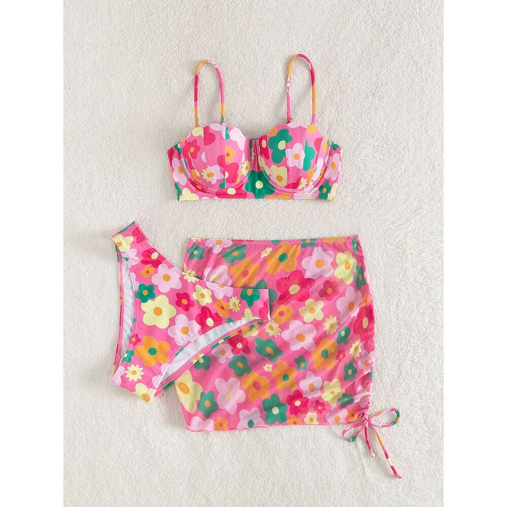 2023 Sexy Floral Print Three Pieces Set Push Up Swimwear Women Swimsuit Female Bikini And Skirt Bathing Suit Beach Z260206