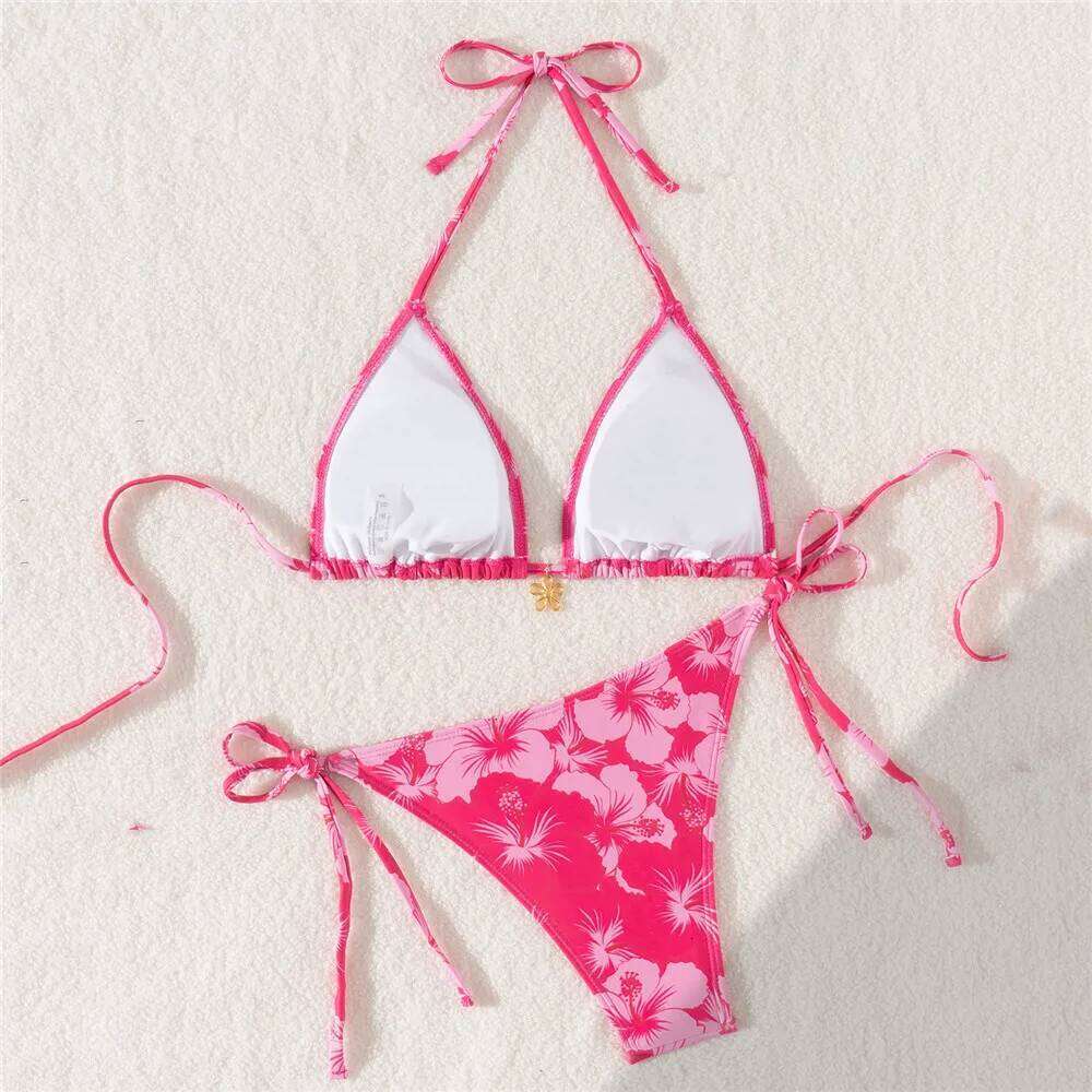 Sexy Rose Red Flower Print Micro Thong Bikini Women Swimwear 2026 String Halter Swimsuit Swimming Wear Triangle Bikinis Sets Z260206