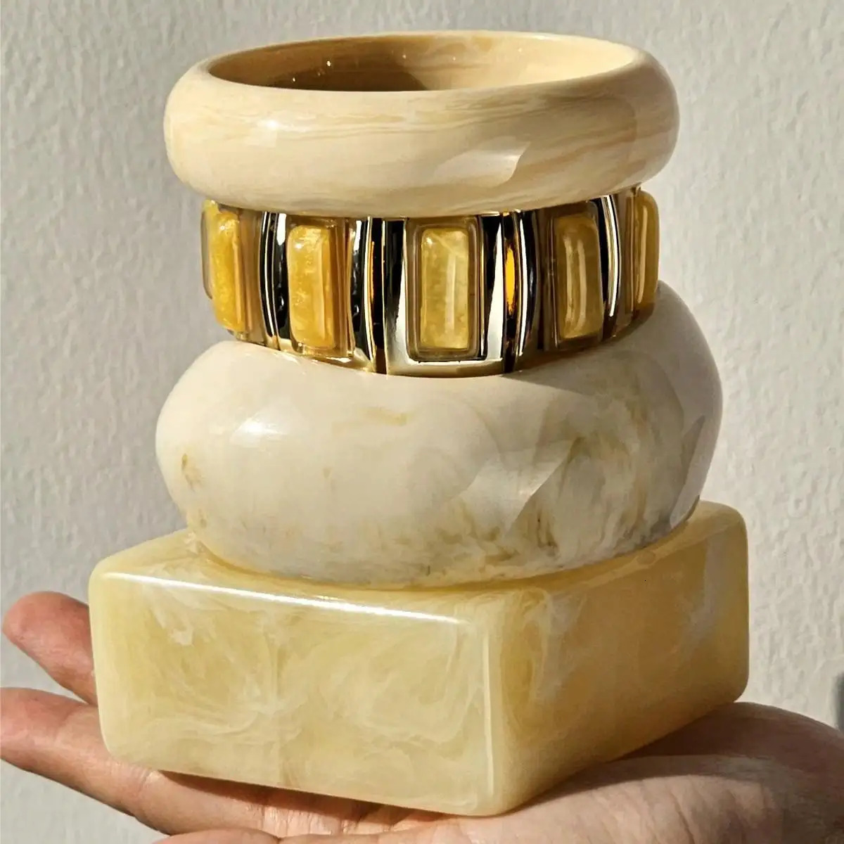 Chunky Exaggerated Irregular Square Round Yellow White Texture Silver Plated Resin Bracelet for Women Girls Autumn Daily Jewelry 260120