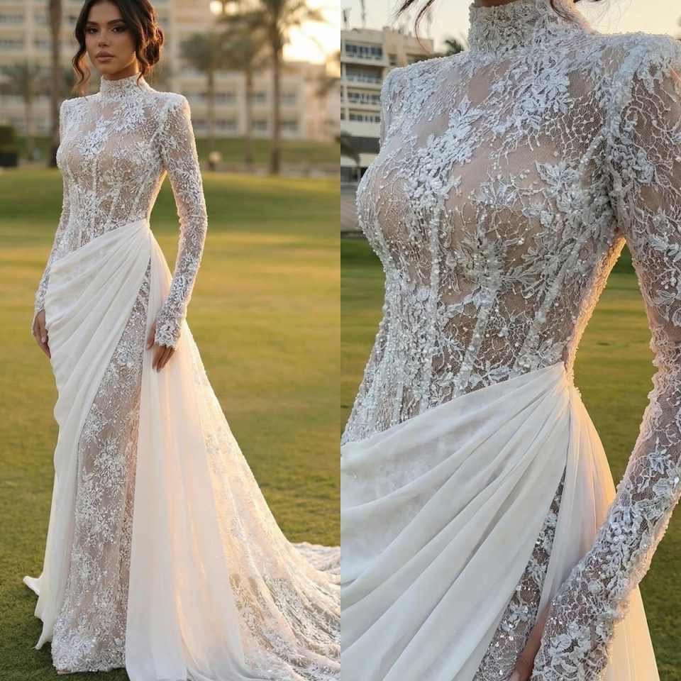 Fantasy Floral Buttons Back Wedding Dress Shiny High Neckline Lace Romantic Sheer Delicate Bridal Gown With Detachable Train
