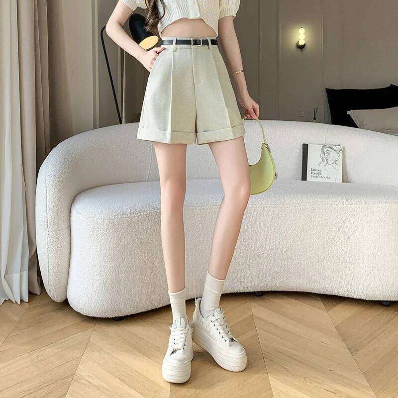 Seoulish High Waist Wide Leg Shorts 2025 New Elegant Office Lady Style Casual Solid Color Pockets Minimalism Short Pants Female XJ260206