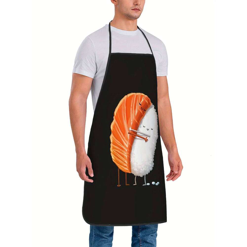 Hug Vintage-Style Apron - Black with Whimsical Sushi Design, Durable & Comfortable for Cooking, Grilling, BBQ S260205