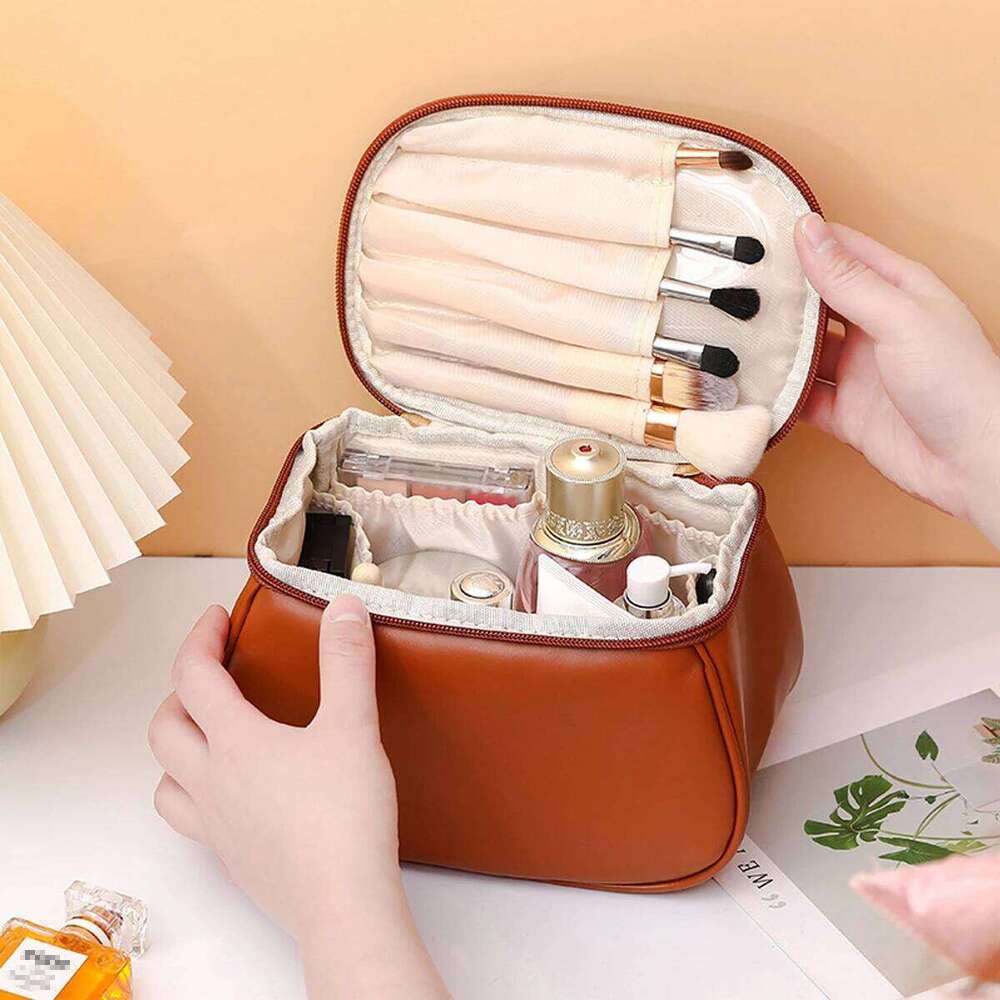 Portable PU Makeup Bag, Large Waterproof Cosmetic Pouch, Travel Washbag With Handles Y260206