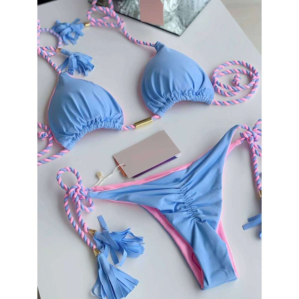Sexy Solid color Two-piece Triangle Swimwear Women's Swimsuit Braiding rope Bikinis Set Beach Bathing Suit Brazilian Biquinis Z260206
