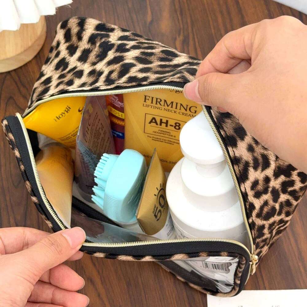 S/M/L Leopard Print Clear Makeup Large Capacity Waterproof Transparent Bag Travel MakeUp Cosmetic Organizer Zipper Y260206