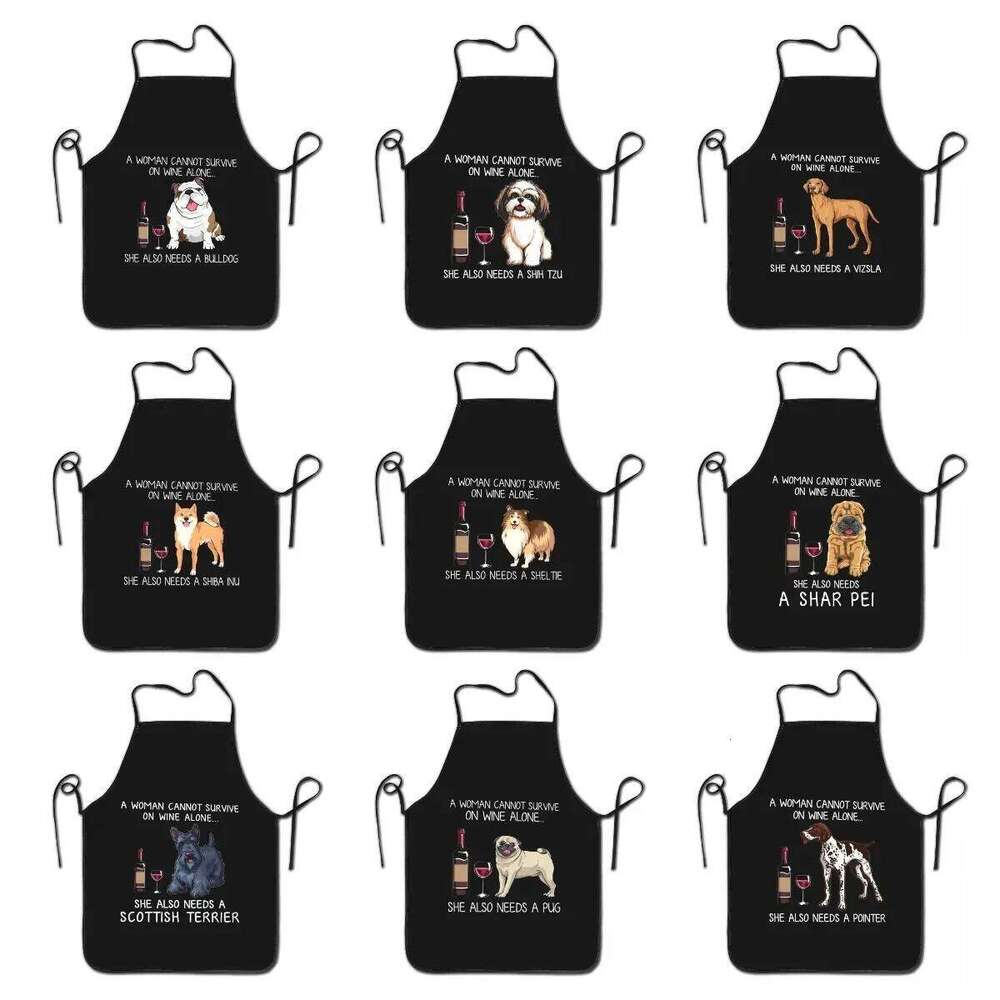Pug Chihuahua Border Terrier And Wine Apron Men Women Unisex Adult Chef Cooking Kitchen Dog Lover Tablier Cuisine Painting S260205