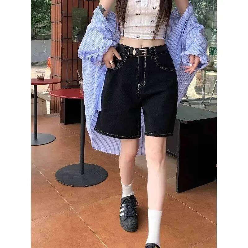 Denim Women's Straight Hong Kong Style Loose Black Mid-pants Summer Thin High-waisted Mid-length Shorts XJ260206