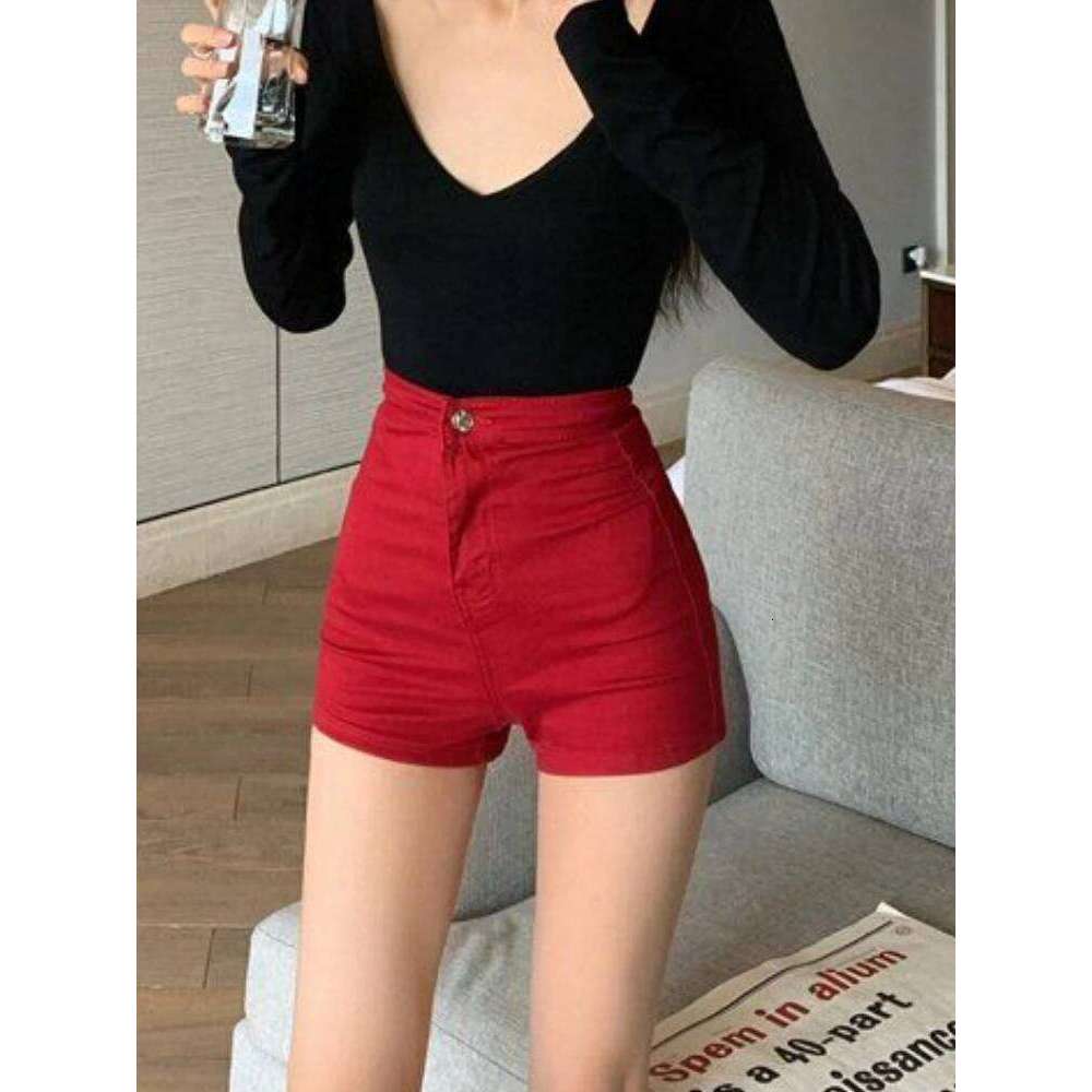Red Denim Shorts Women Sexy High Waist Skinny Korean Style All-match Hot Ladies Vintage Chic Casual Streetwear Popular C260206