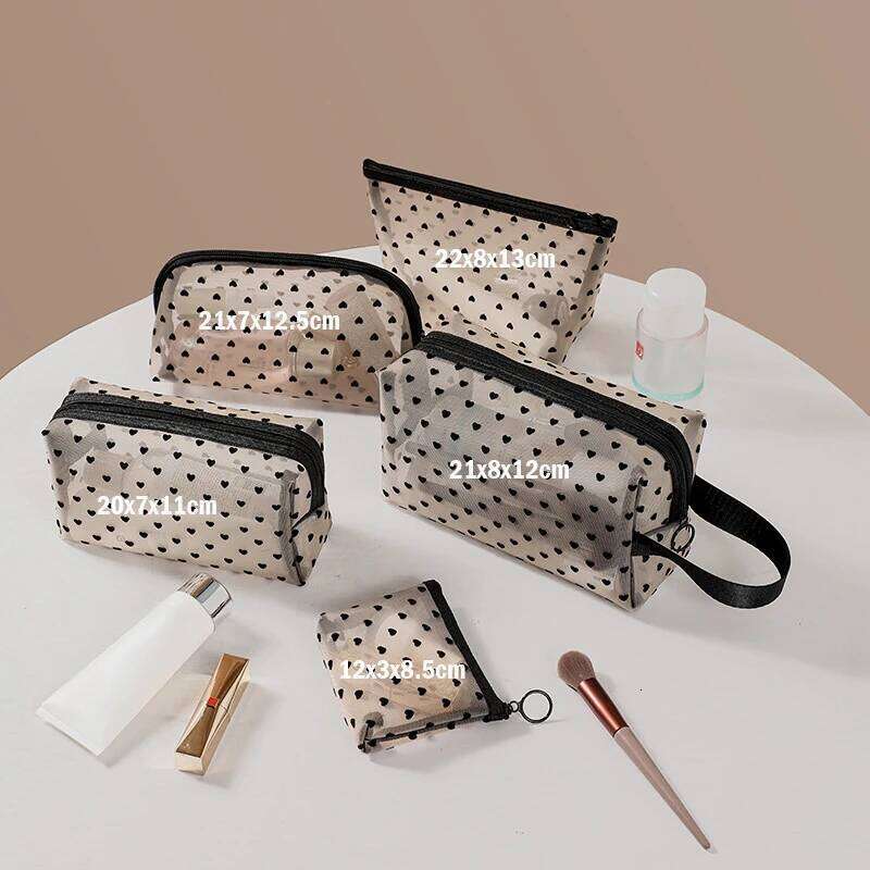 Heart Transparent Mesh Makeup Bag Multifunction Portable Women Cosmetic Storage Pouch Ladies Toiletry Lipstick Organizer Bags Y260206