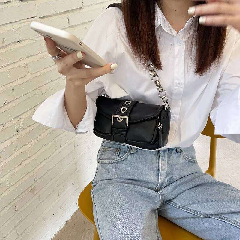 Retro Women's Chain Small Shoulder Solid Color PU Leather Ladies Underarm Bags Fashion Female Armpit Bag Tote Purse Handbags Y260205