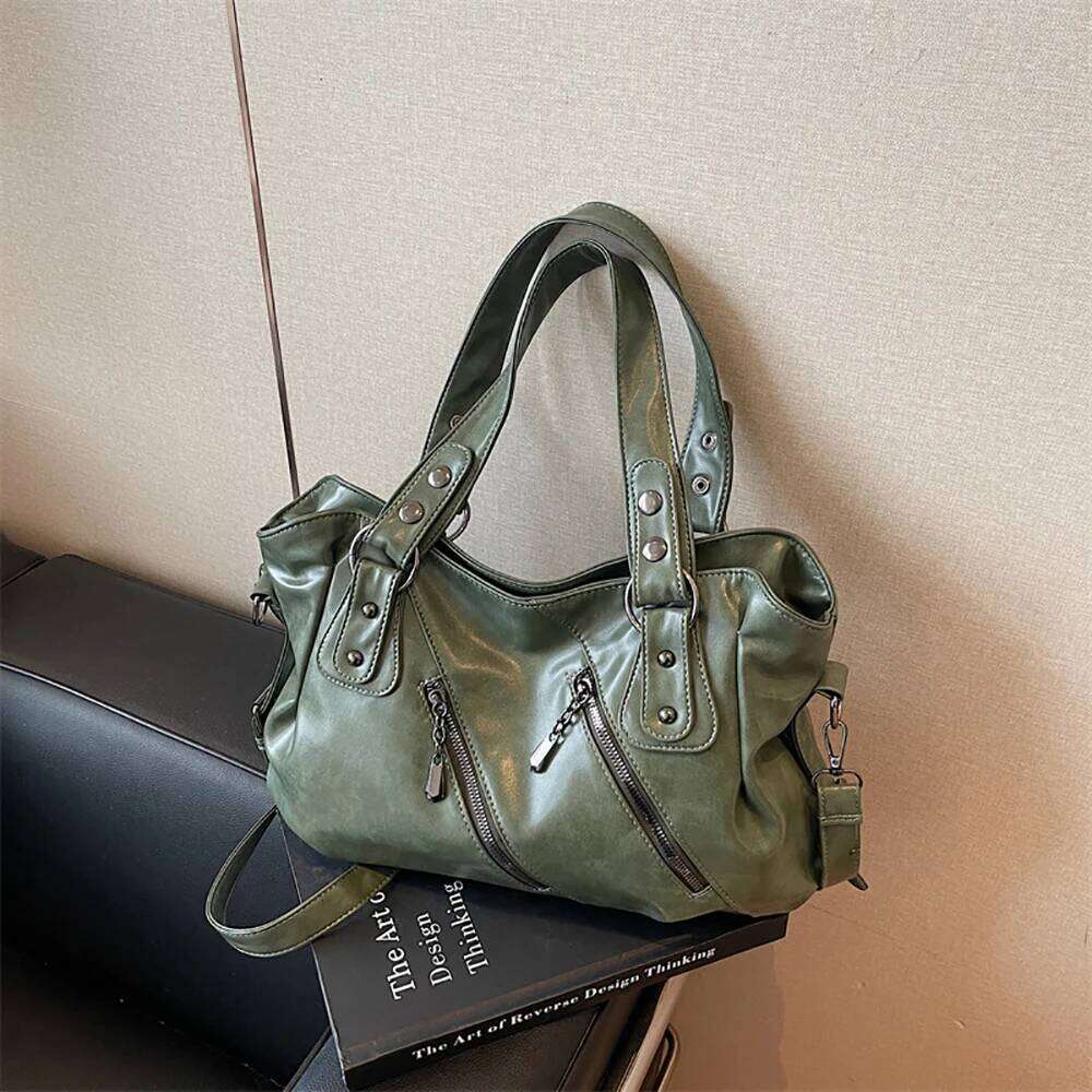 Glossy PU Designed Rivet Zipper One Shoulder Bag Large Capacity Versatile Tote Bags Delicate Soft All-Match Crossbody Packs Y260205