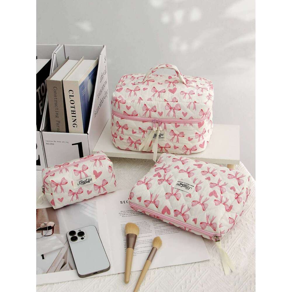 Bow Pattern Bag Set, Cute Cosmetic Large Capacity Travel Toiletry Bag, Zipper Makeup Organizer Pouch Y260206