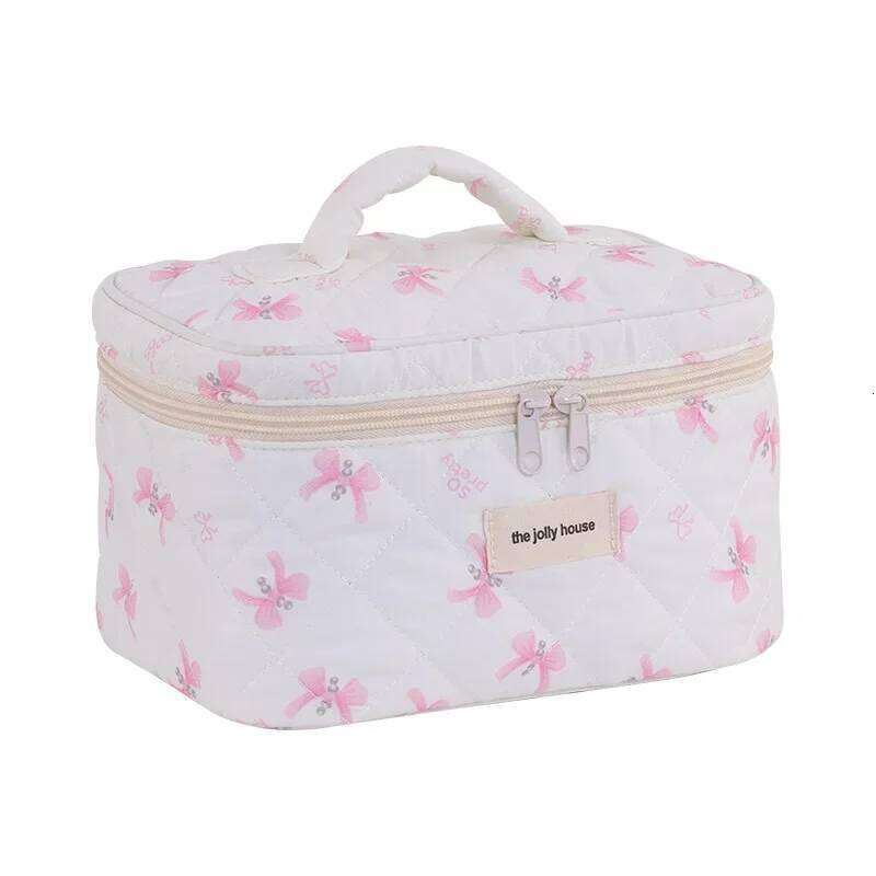 Women's cotton makeup cute bow Cosmetic Bag girl's large-capacity skin care product storage portable travel toiletry bag Y260206