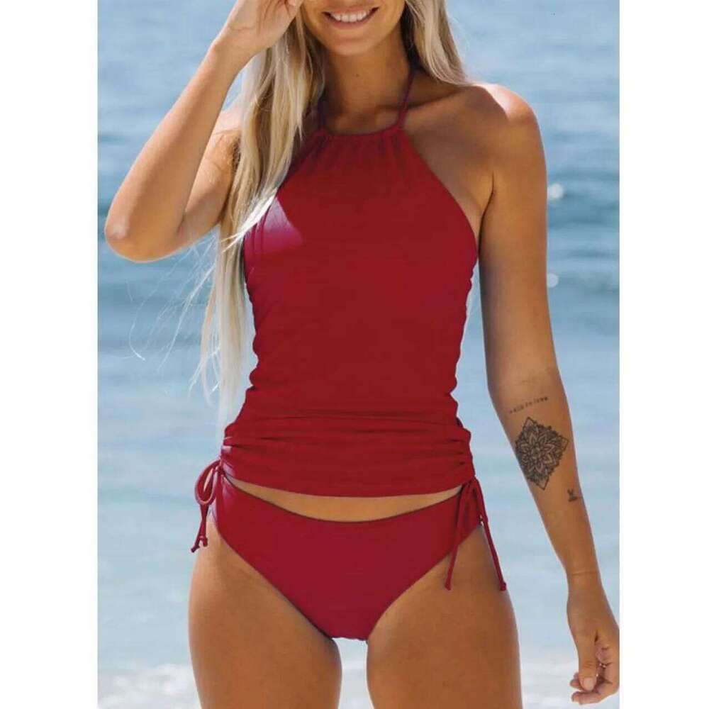 New Black Pink Red Green Tankini Sets Swimwear High Neck Women Two Pieces Swimsuit Summer Drawstring Sporty Bathing Suits Padded XJ260206