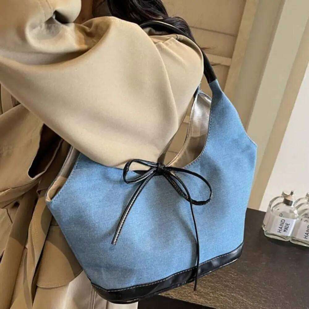 Fashion Korean Style Canvas Tote Underarm Handbag Cloth Bow Shoulder Bag All-match Pure Color Girls Y260205