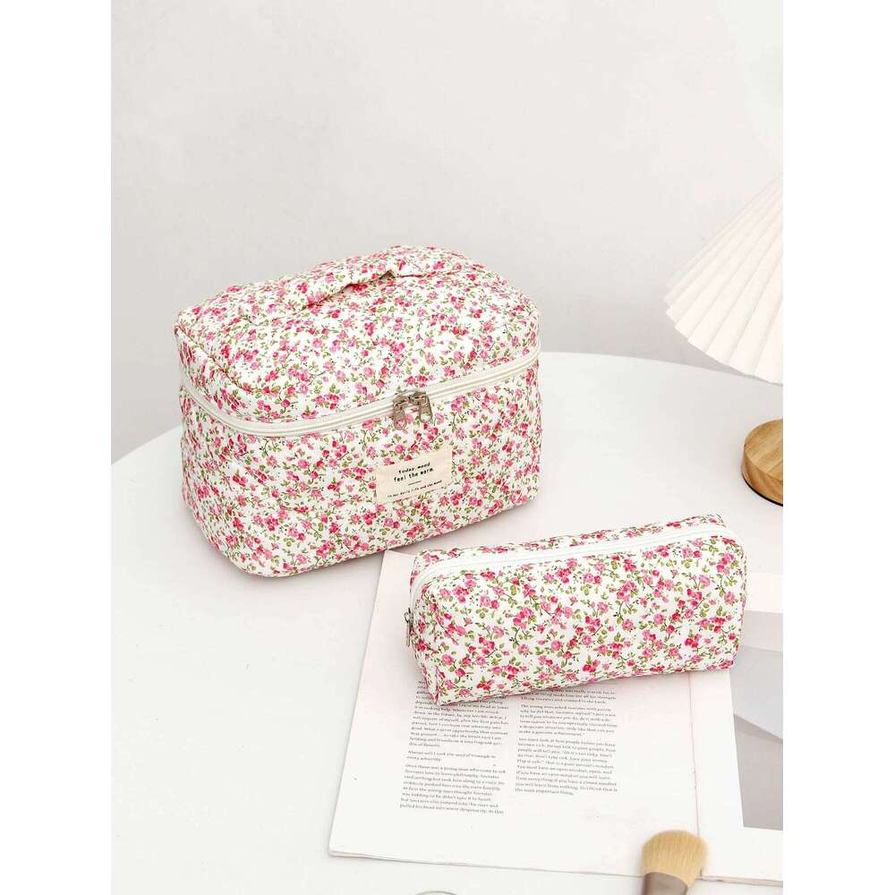 1pc/set Pink Quilted Handheld Makeup Bag, Cute Travel with Large Capacity, Portable Toiletry Bag Set Y260206