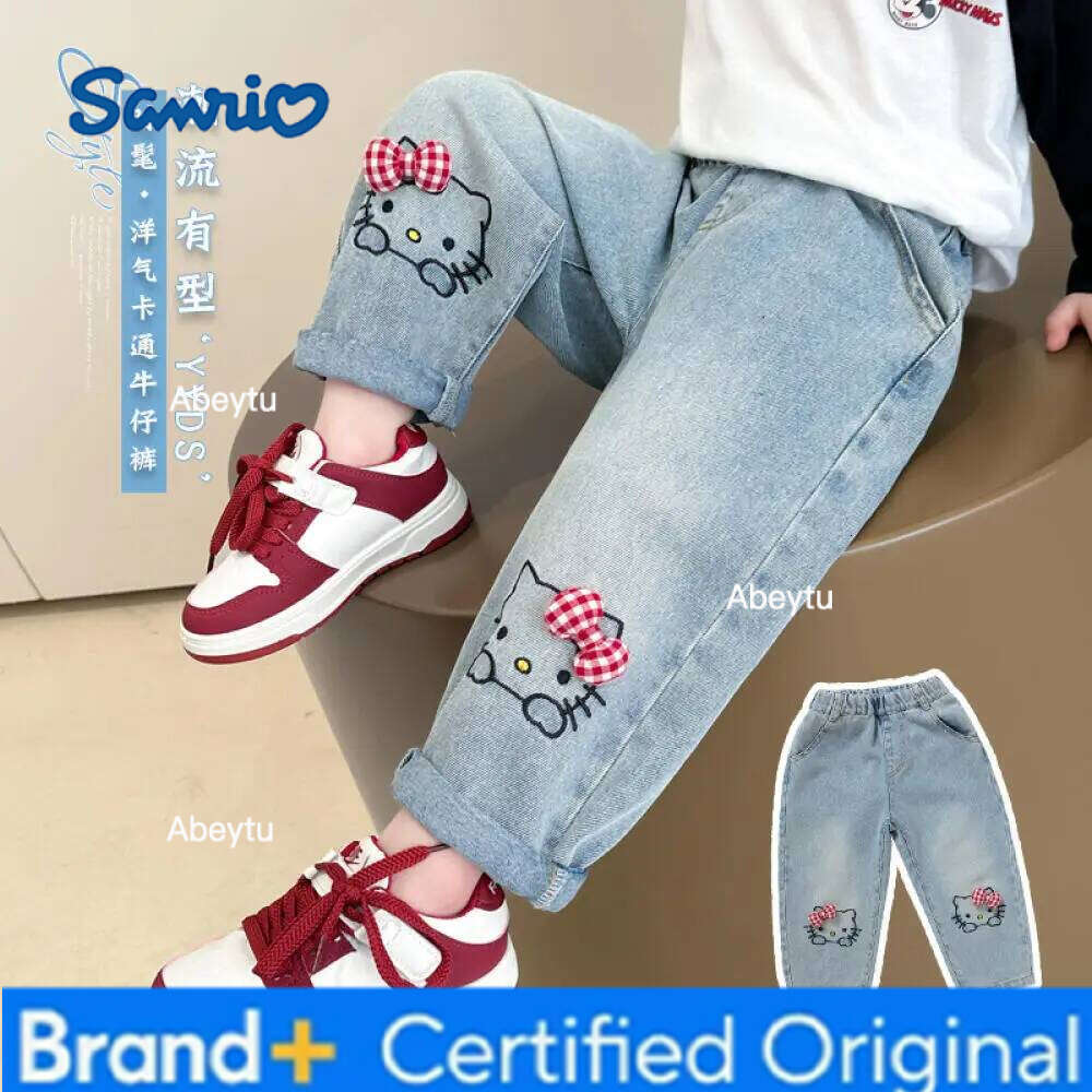 Sanrio Hello Kittys Korean Graffiti Straight Leg Wide Jeans Spring Autumn Cartoon bow Embroidery trousers Hot harem pants Girls H260206