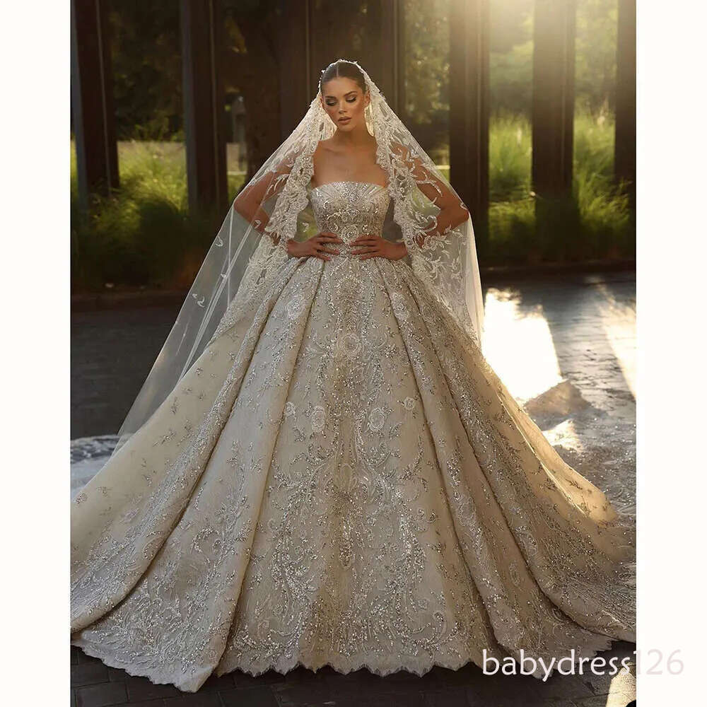 Ball Gown Wedding Sweetheart Sparkly Beaded Lace O Neck Long Sleeve Train High Quality Bridal Princess Dress