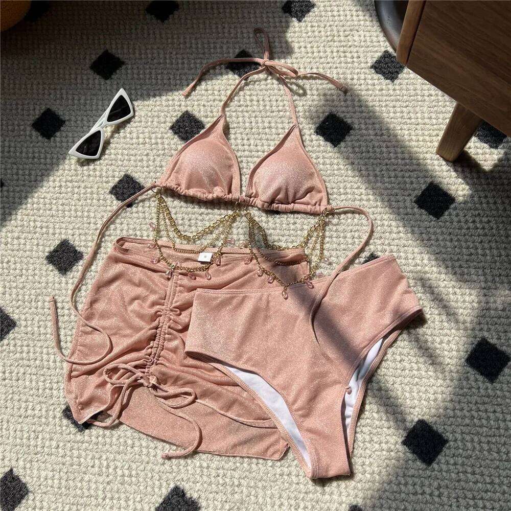 Shiny Blue String Halter Triangle 3 Piece High Waisted Bikini Set Swimwear Skirt Cover Up Rhinestone Chaining Swimsuit Beachwear XJ260206