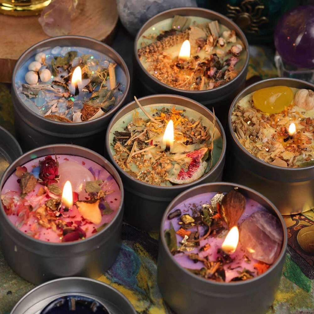 1Pc Premium Crystal Scented Candle - Handmade Soy Wax Dried Flower Tin, Aromatherapy Creative Ornament & Photography Prop S260205