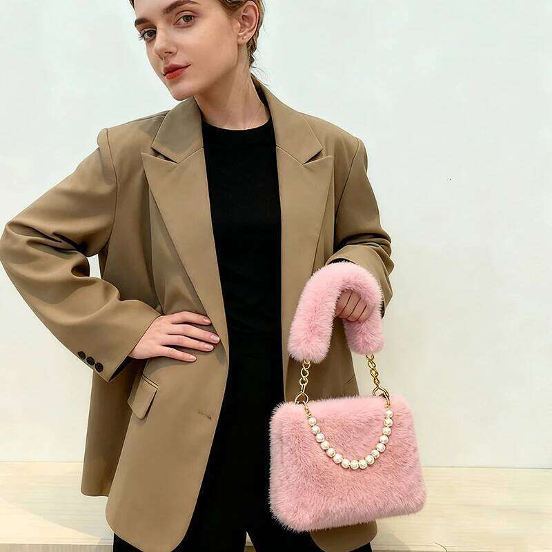 Fashionable Pearl Rabbit Fur Handbag Women's Crossbody Chain Design Winter Small Versatile Shoulder Bag XJ260129