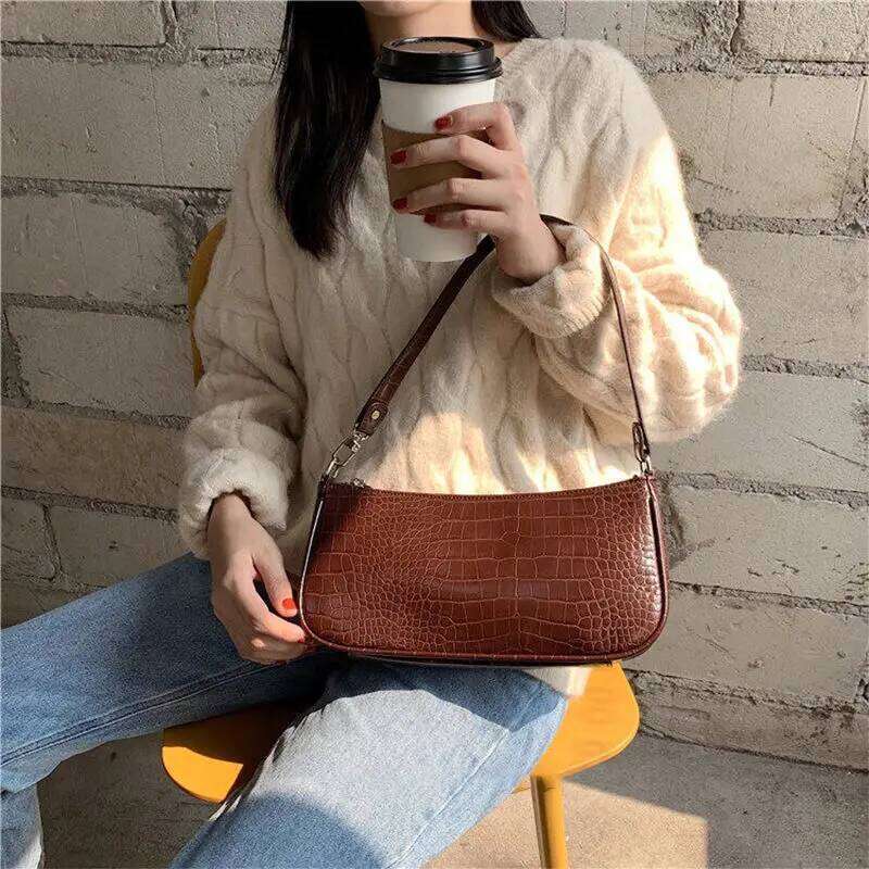 French Design Ladies Retro Armpit Bag Crocodile Pattern PU Leather Women Shoulder Bags Solid Color Girls Clutch Purse Handbags Y260205