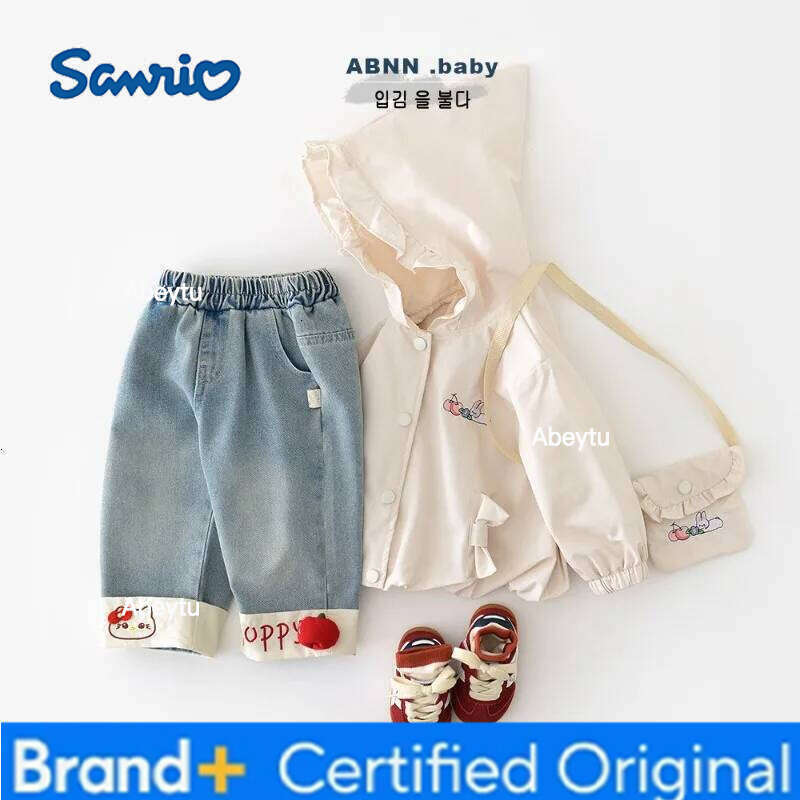 Sanrio Kids Girl Spring Autumn Denim Pants Elastic Waist Wide Leg Jeans with Cartoon Cat Embroidery 3D Apple Casual Trousers C3521 H260206