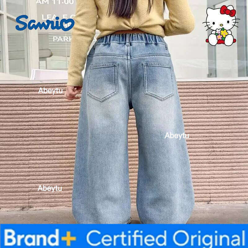 Sanrio Hello Kitty Girl Jeans Kawaii Y2K Anime Children's Clothing Clothes Pants Kids Winter Outerwear Soft Denim Straight Leg H260206