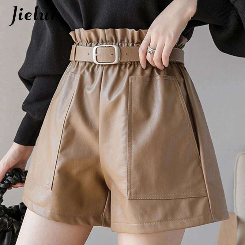 Jielur PU Autumn Winter Women Slim High Waist Solid Color Shorts Womens Chic Korean Belt Leather Short Trousers S-XL H260206