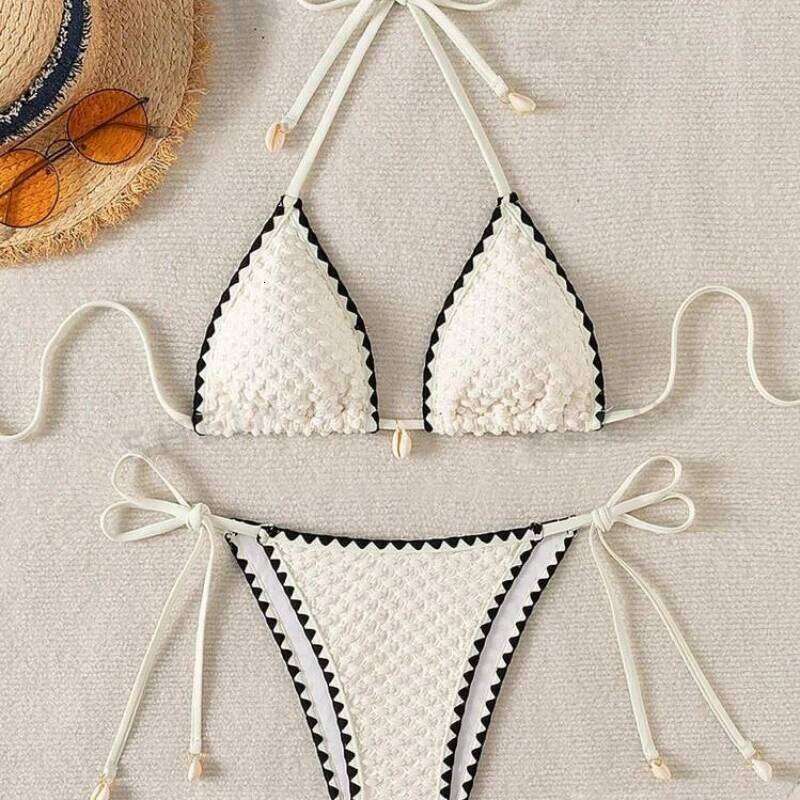 Sexy Halter Wrinkled Weave Bikini Set Shell Swimsuit Women Push Up Micro Bikinis Summer Bathing Suit Swim Beach Wear Z260206