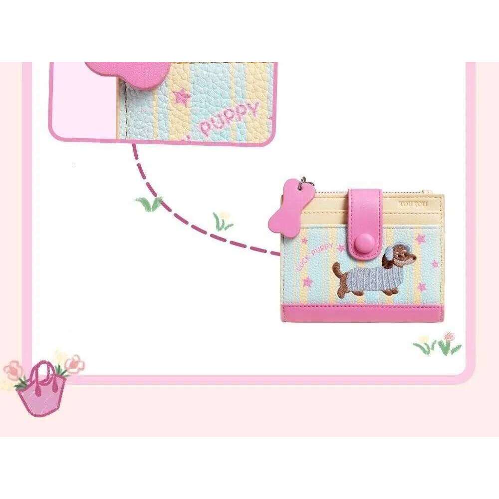 Korean Style Dachshund Embroidery Short Wallet Dopamine Color Cartoon Dog Coin Purse PU Zipper Small Item Bag Women Girl Y260206